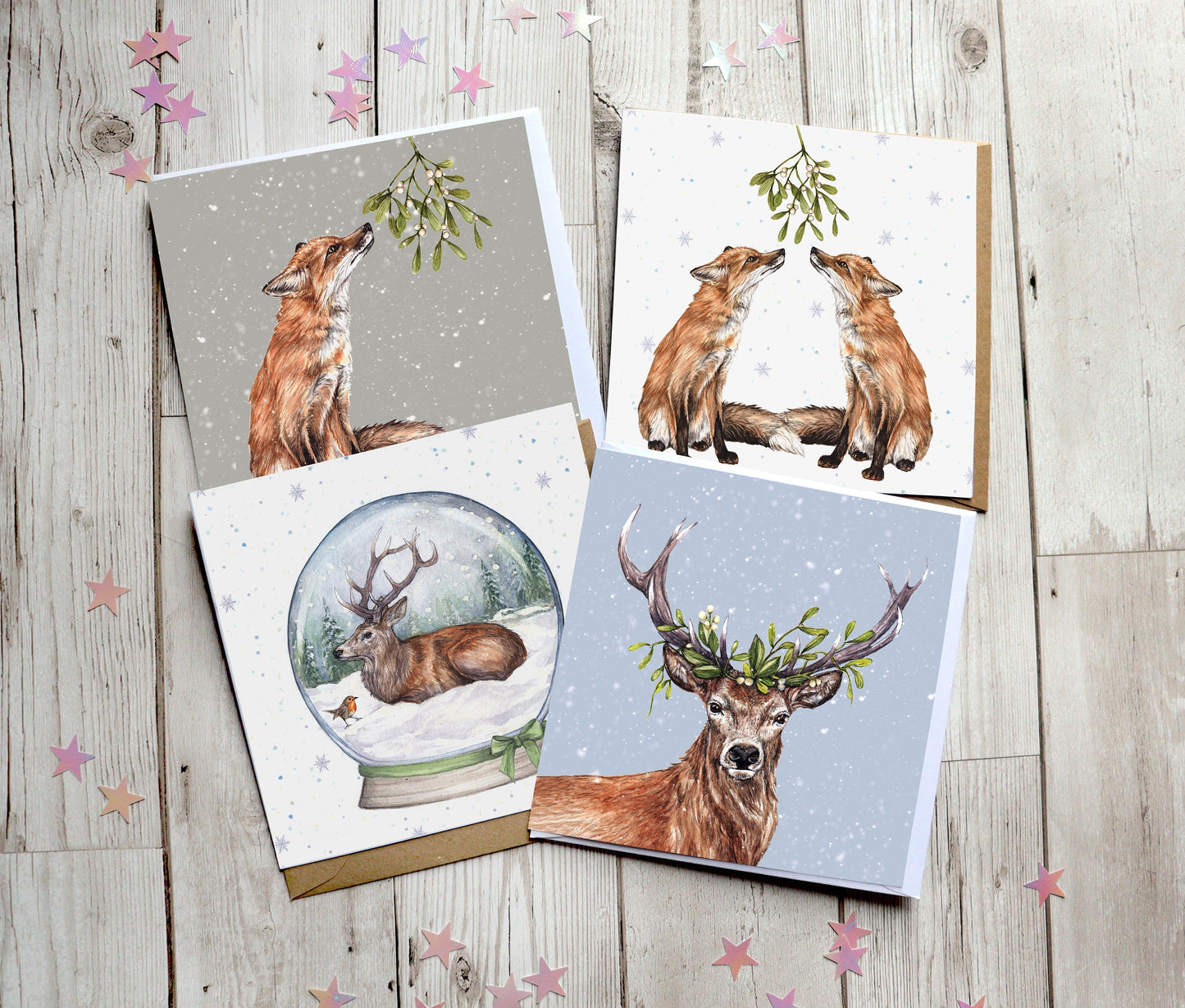 Winter Woodland Animals Christmas Card Pack, Watercolour Xmas, Snowglobe Stag Deer Fox Illustrated Greetings Cards