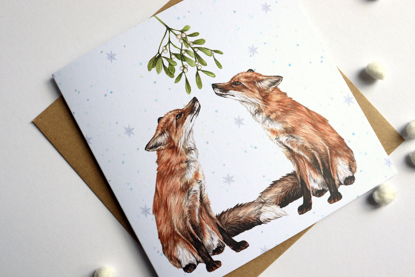 Mistletoe Gazing Foxes Christmas Card, Woodland Animals Xmas, Watercolour Couple Greetings Card