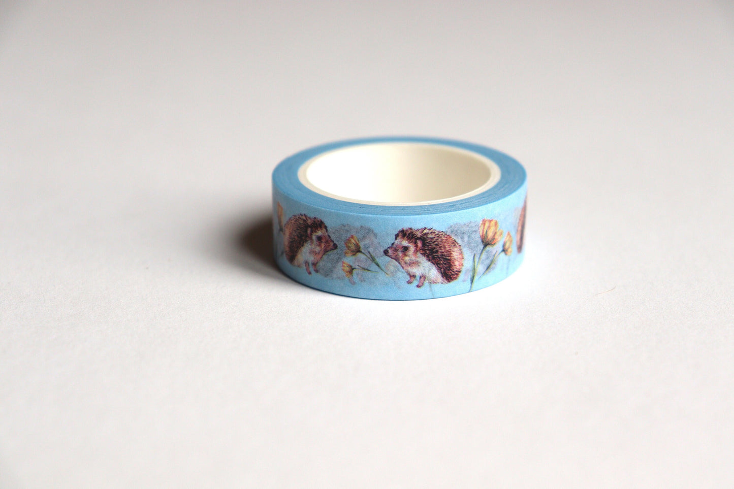 Hedgehog Washi Tape Buttercup Floral, Scrapbook Journal, Watercolour Cute Woodland Animal Blue Tape, Illustrated Stationery Gift