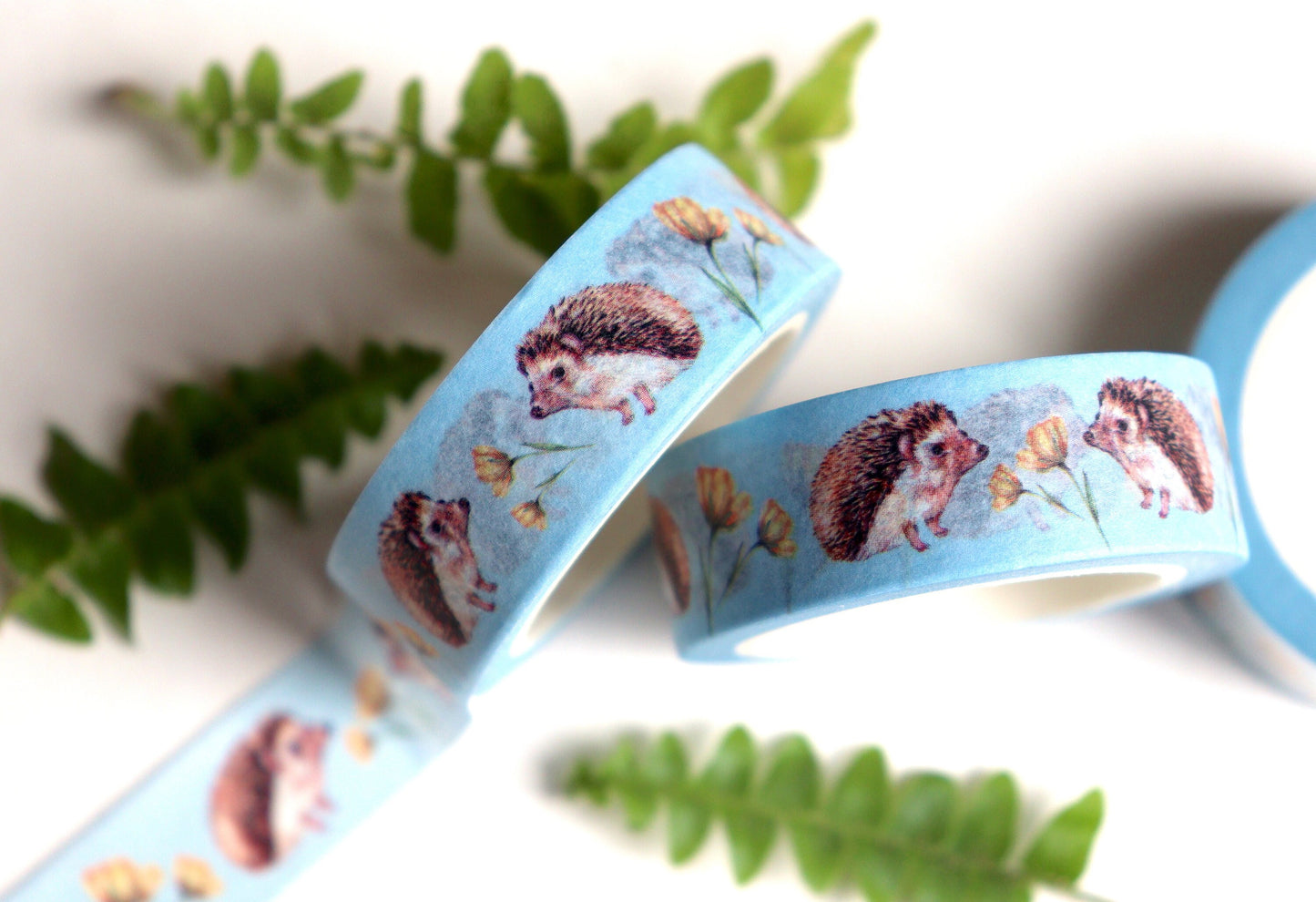 Hedgehog Washi Tape Buttercup Floral, Scrapbook Journal, Watercolour Cute Woodland Animal Blue Tape, Illustrated Stationery Gift