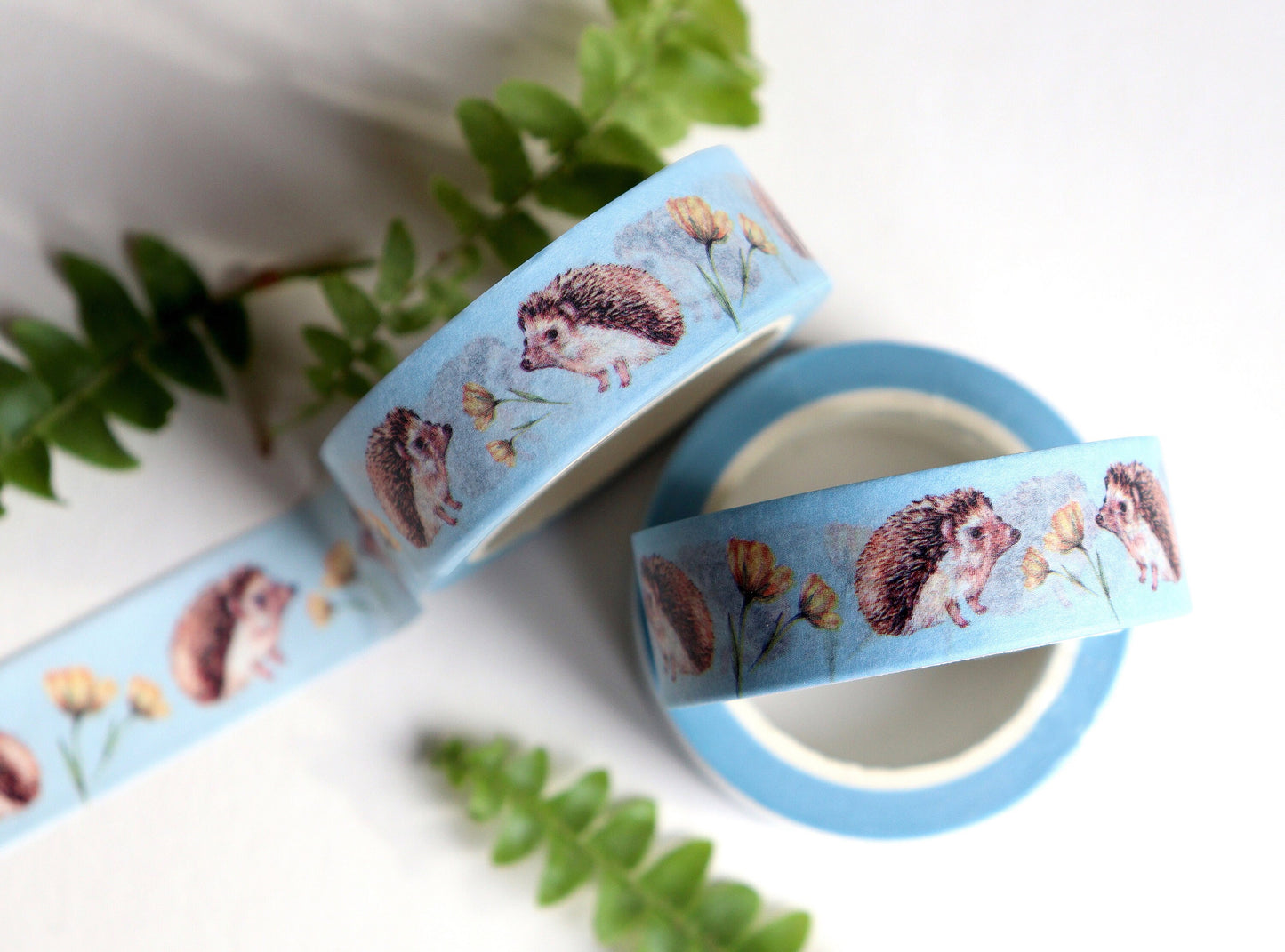 Hedgehog Washi Tape Buttercup Floral, Scrapbook Journal, Watercolour Cute Woodland Animal Blue Tape, Illustrated Stationery Gift