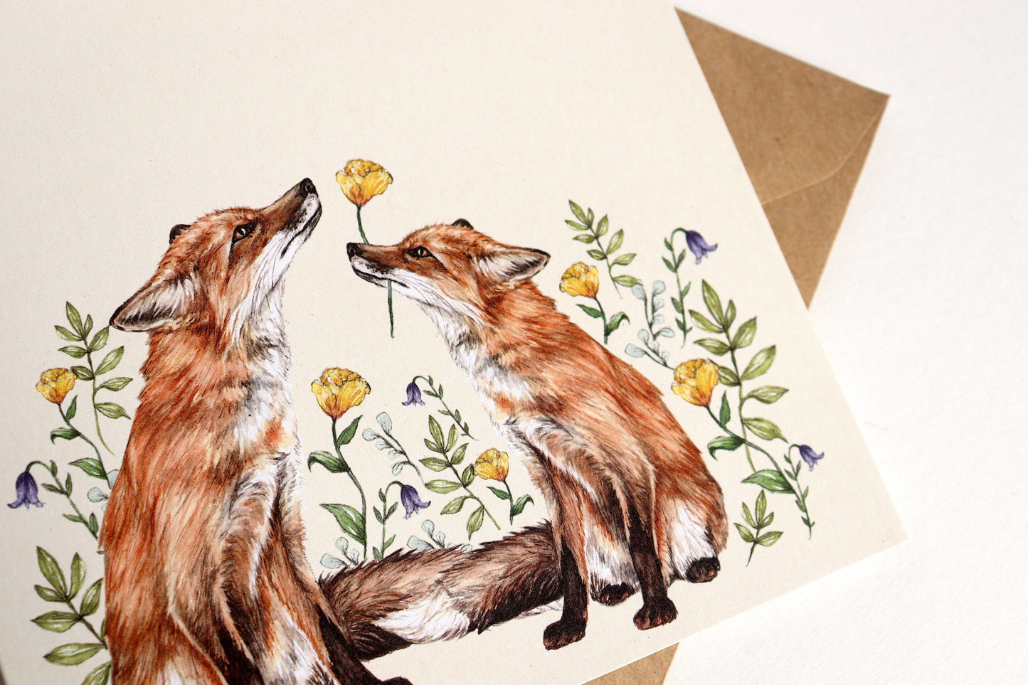 Floral Foxes Greetings Card, Yellow Roses Anniversary Personalised Birthday Card, Mother's Day Illustrated Card