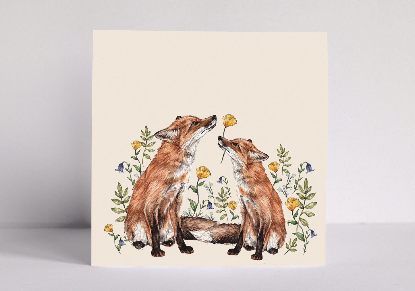 Floral Foxes Greetings Card, Yellow Roses Anniversary Personalised Birthday Card, Mother's Day Illustrated Card