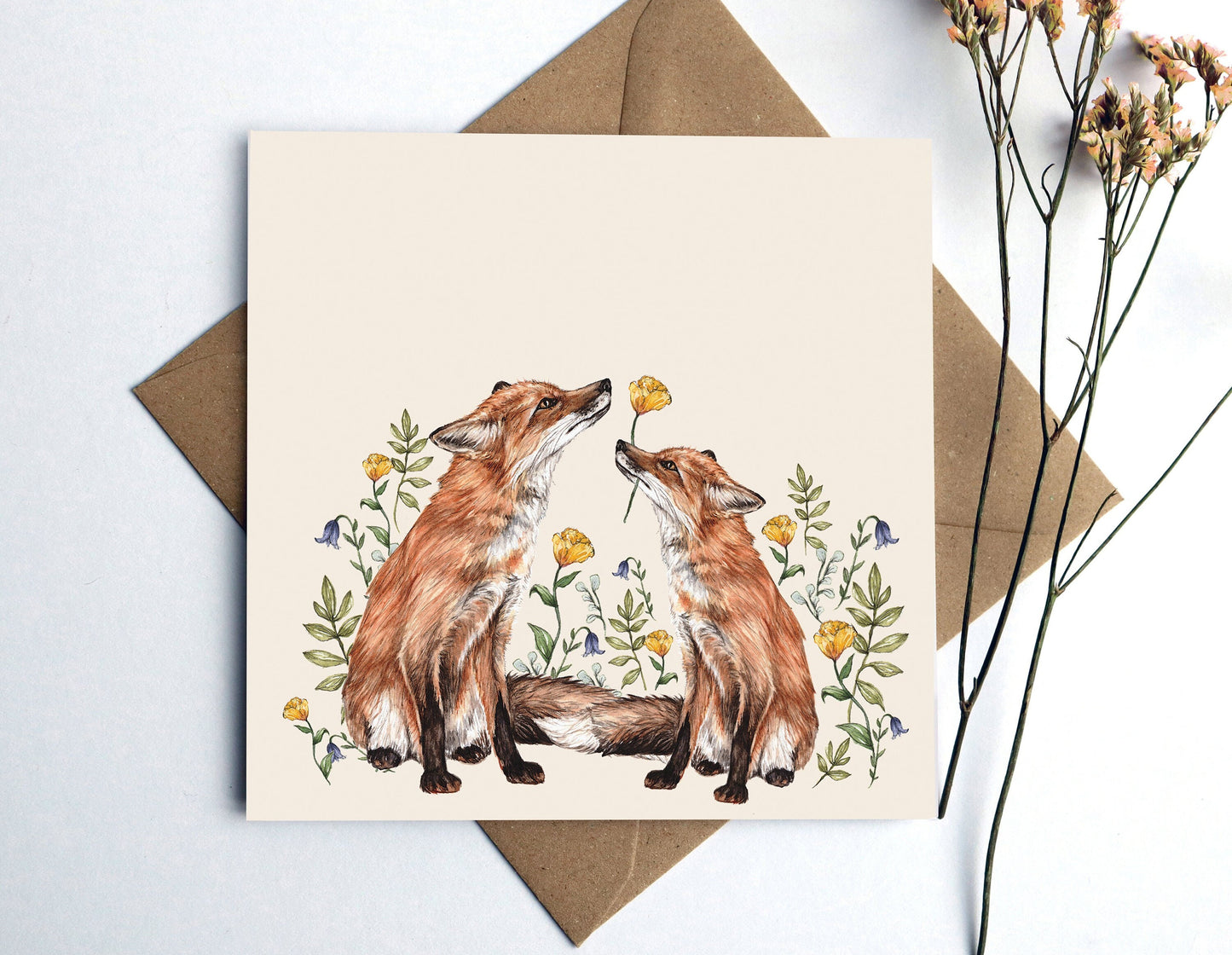 Floral Foxes Greetings Card, Yellow Roses Anniversary Personalised Birthday Card, Mother's Day Illustrated Card