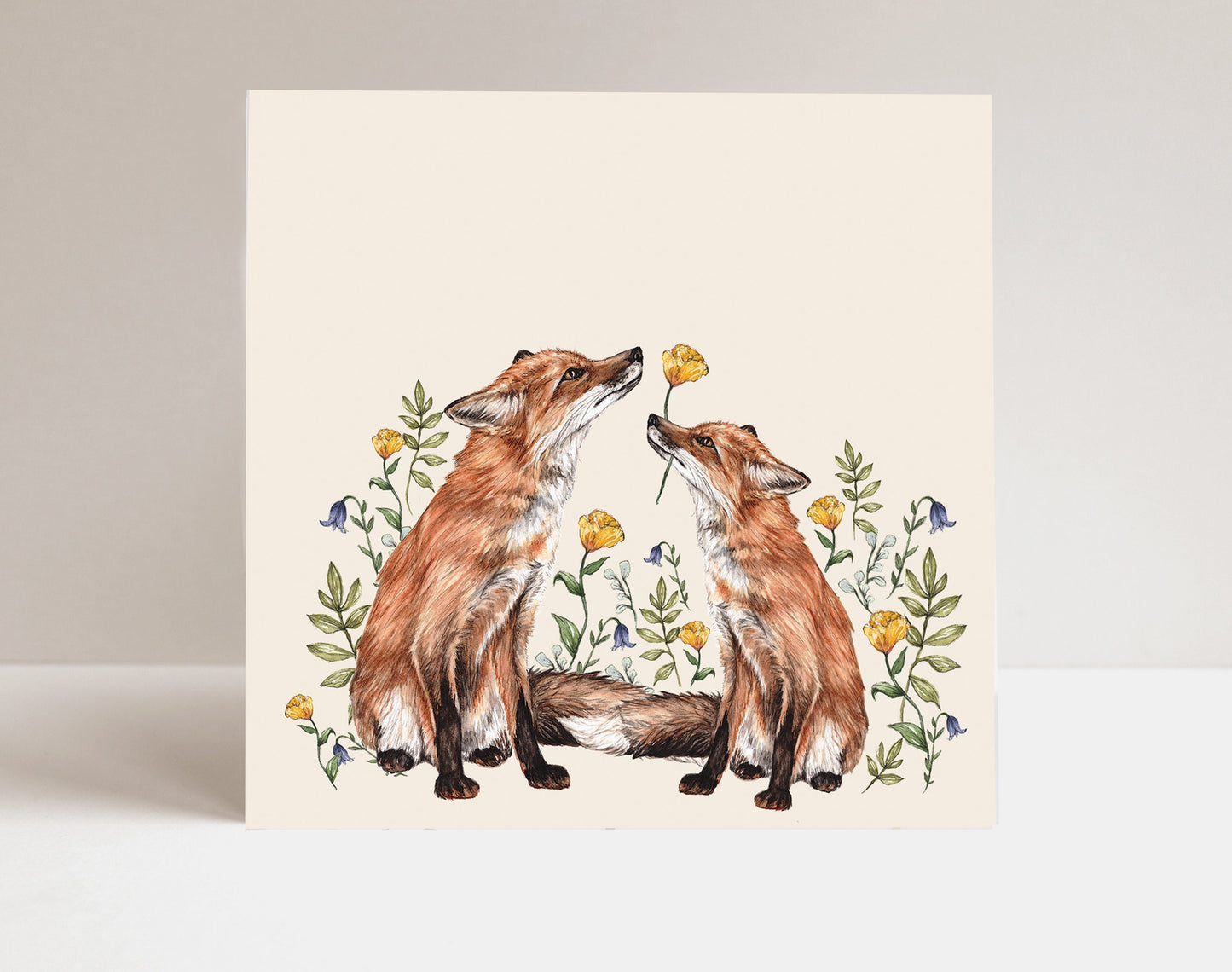 Floral Foxes Greetings Card, Yellow Roses Anniversary Personalised Birthday Card, Mother's Day Illustrated Card