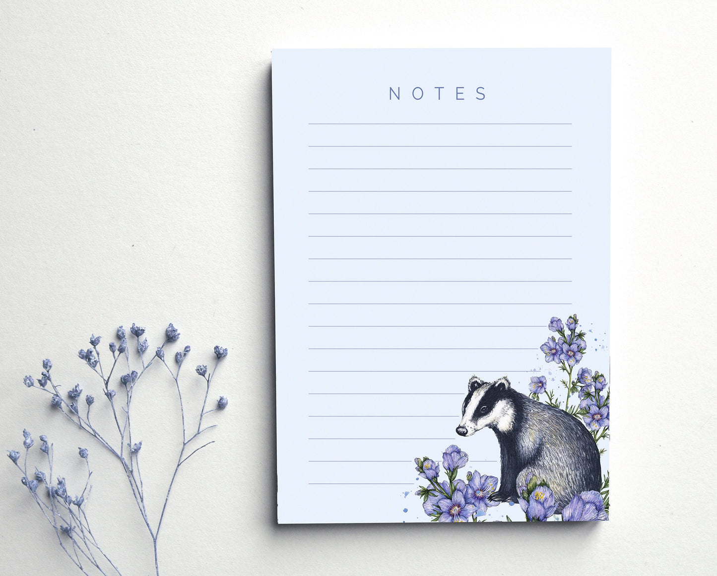Floral Badger A6 Notepad, Mini Jotter Purple Watercolour Illustrated Lined Writing Notes, Stationery Gift