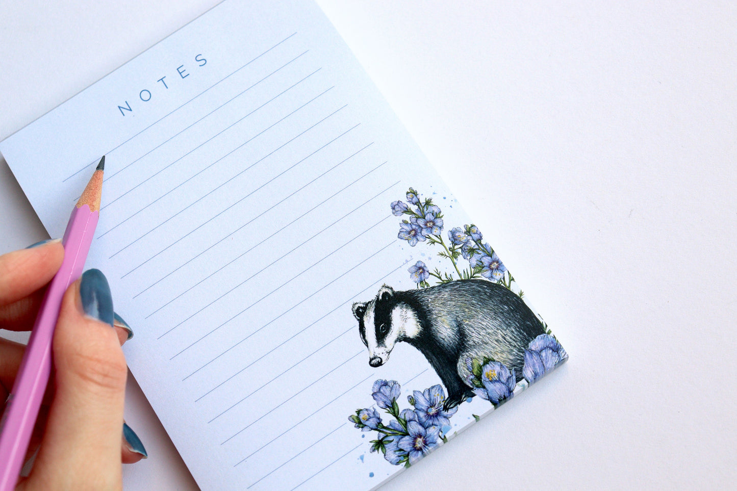 Floral Badger A6 Notepad, Mini Jotter Purple Watercolour Illustrated Lined Writing Notes, Stationery Gift