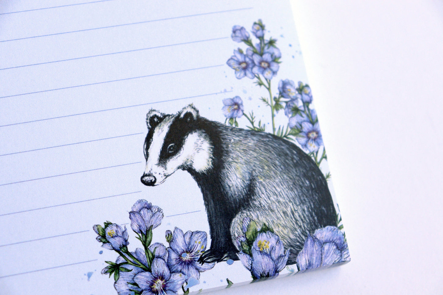 Floral Badger A6 Notepad, Mini Jotter Purple Watercolour Illustrated Lined Writing Notes, Stationery Gift