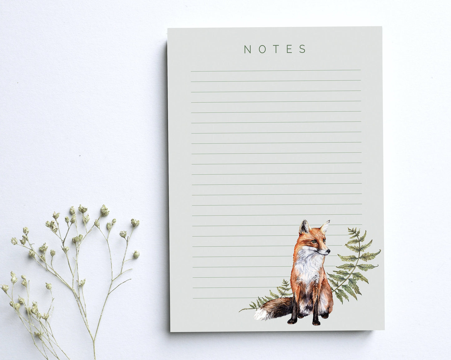 Fox and Ferns A5 Lined Notepad, Watercolour Illustrated Lined Paper Notes, Stationery Gift