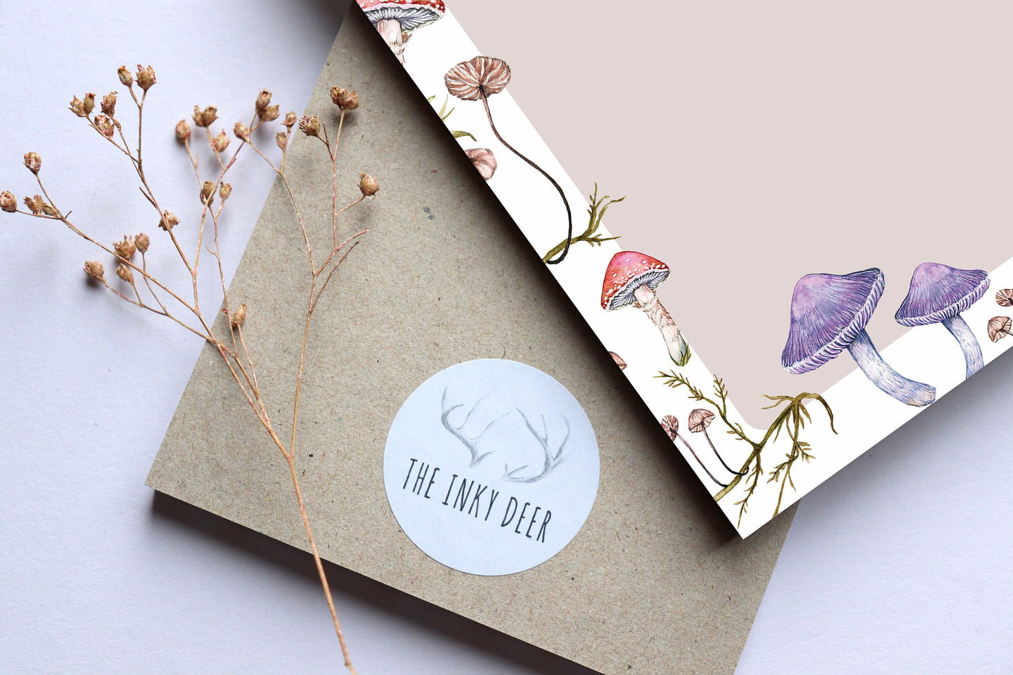 Pink Mushies A5 Notepad, Watercolour Illustrated Mushroom Fungi Printed Paper Notes, Stationery Gift