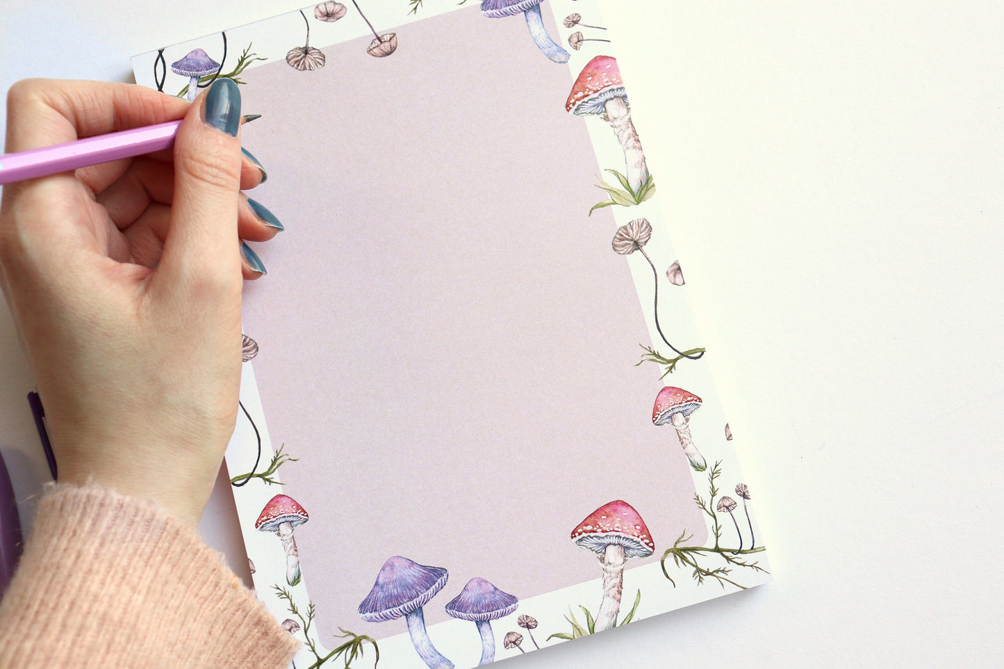 Pink Mushies A5 Notepad, Watercolour Illustrated Mushroom Fungi Printed Paper Notes, Stationery Gift