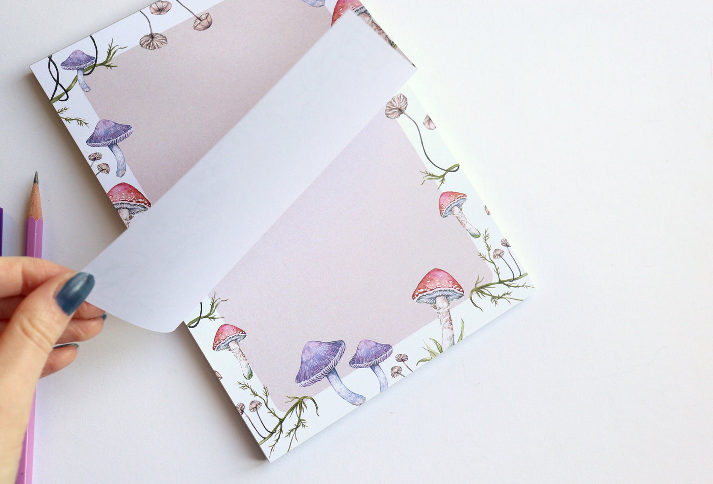 Pink Mushies A5 Notepad, Watercolour Illustrated Mushroom Fungi Printed Paper Notes, Stationery Gift