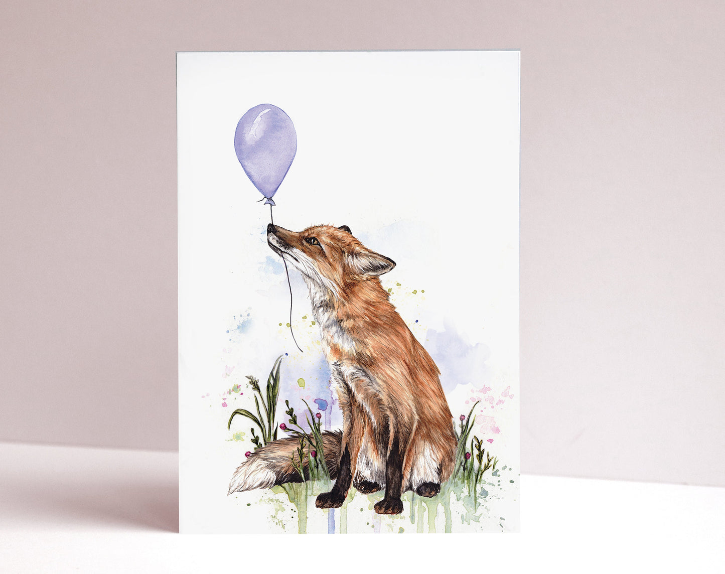 Fox With Balloon Greetings Card, Watercolour Illustrated Animal Birthday Card For Mum Sister Friend A6