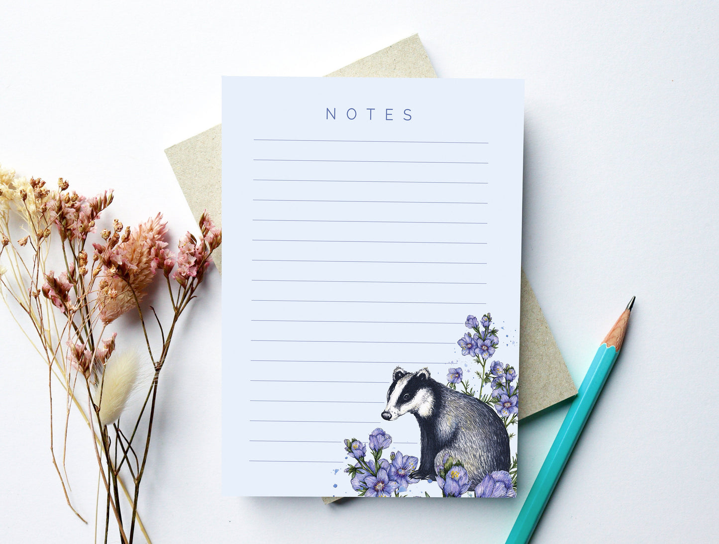Floral Badger A6 Notepad, Mini Jotter Purple Watercolour Illustrated Lined Writing Notes, Stationery Gift
