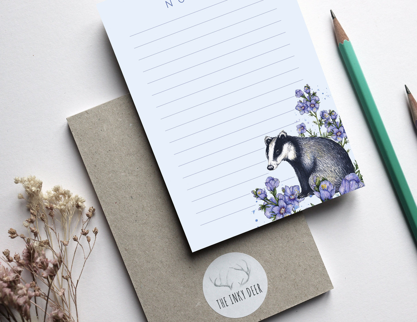 Floral Badger A6 Notepad, Mini Jotter Purple Watercolour Illustrated Lined Writing Notes, Stationery Gift