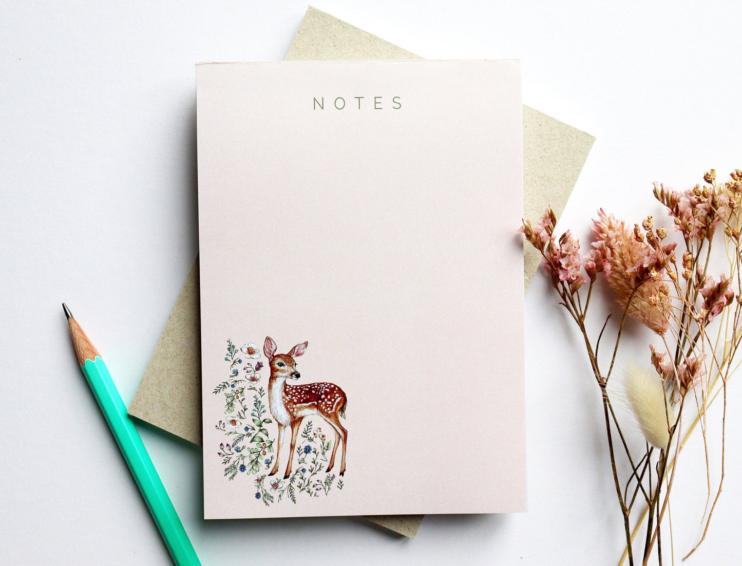 Woodland Fawn A6 Notepad, Floral Deer To-do List, Watercolour Illustrated Stationery Gift