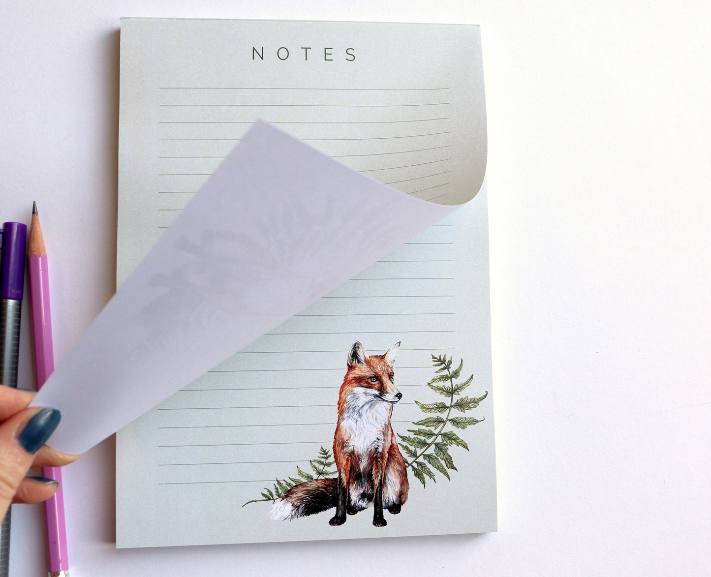 Fox and Ferns A5 Lined Notepad, Watercolour Illustrated Lined Paper Notes, Stationery Gift