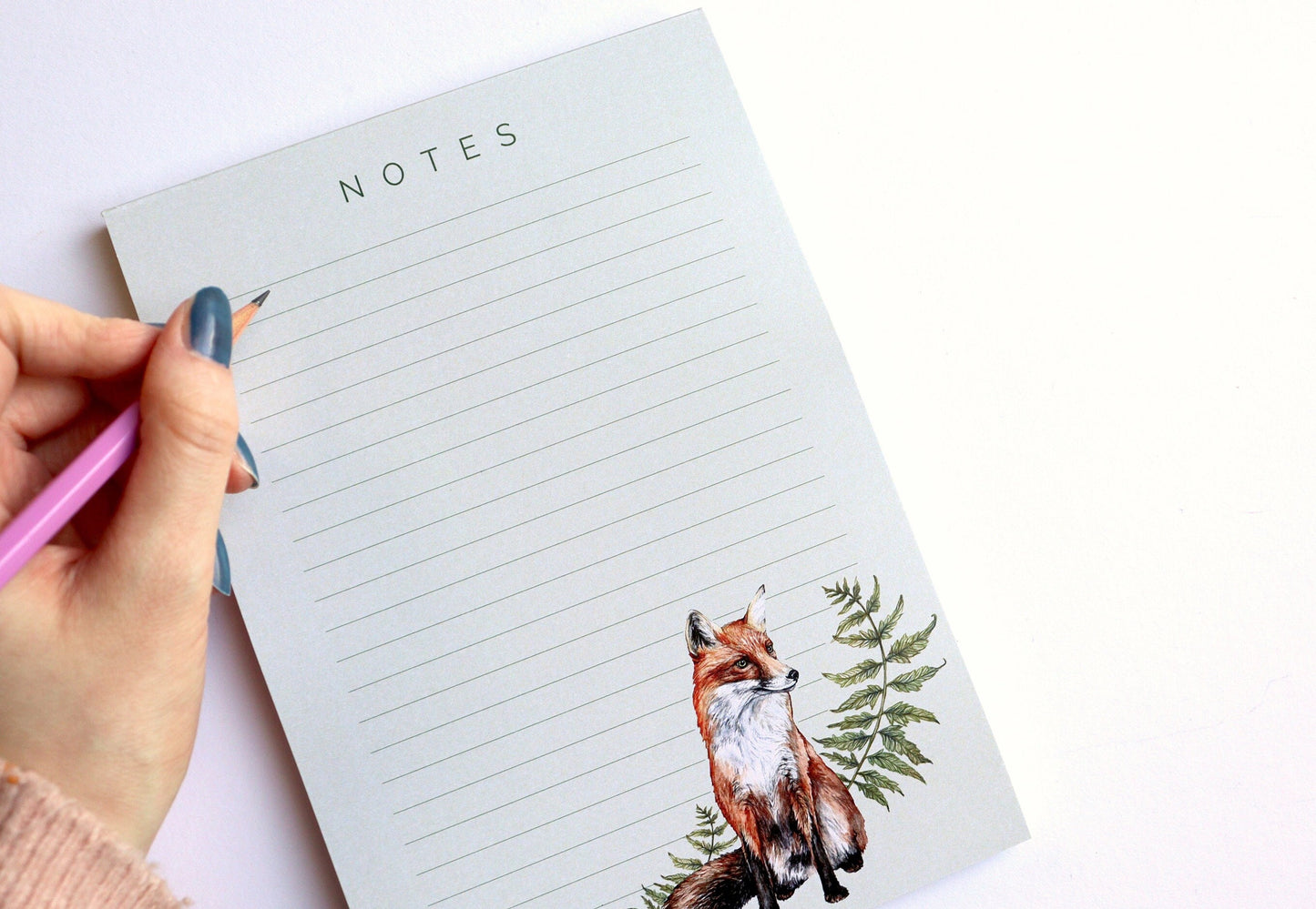 Fox and Ferns A5 Lined Notepad, Watercolour Illustrated Lined Paper Notes, Stationery Gift