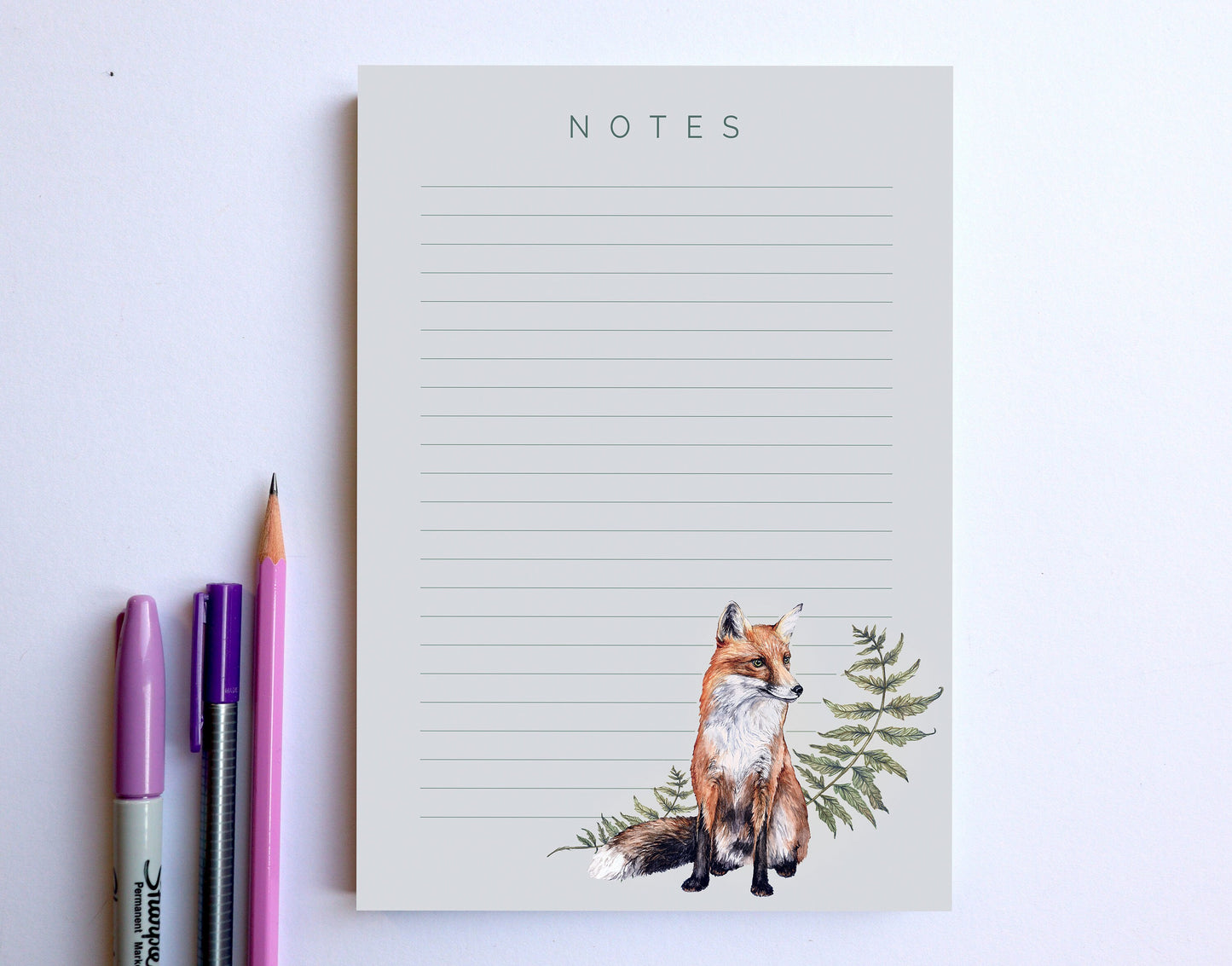 Fox and Ferns A5 Lined Notepad, Watercolour Illustrated Lined Paper Notes, Stationery Gift