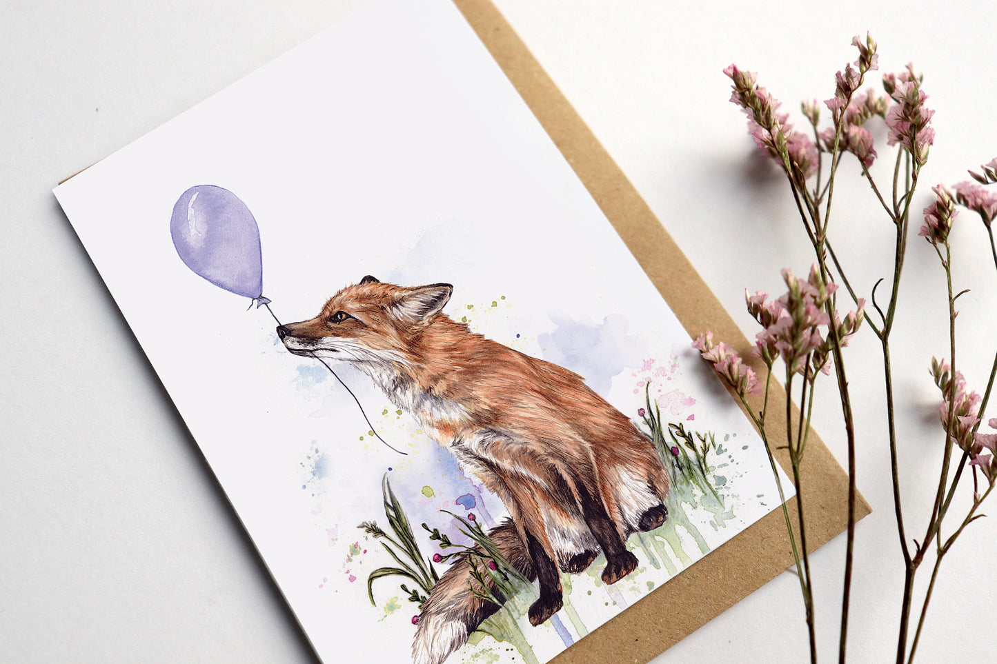 Fox With Balloon Greetings Card, Watercolour Illustrated Animal Birthday Card For Mum Sister Friend A6