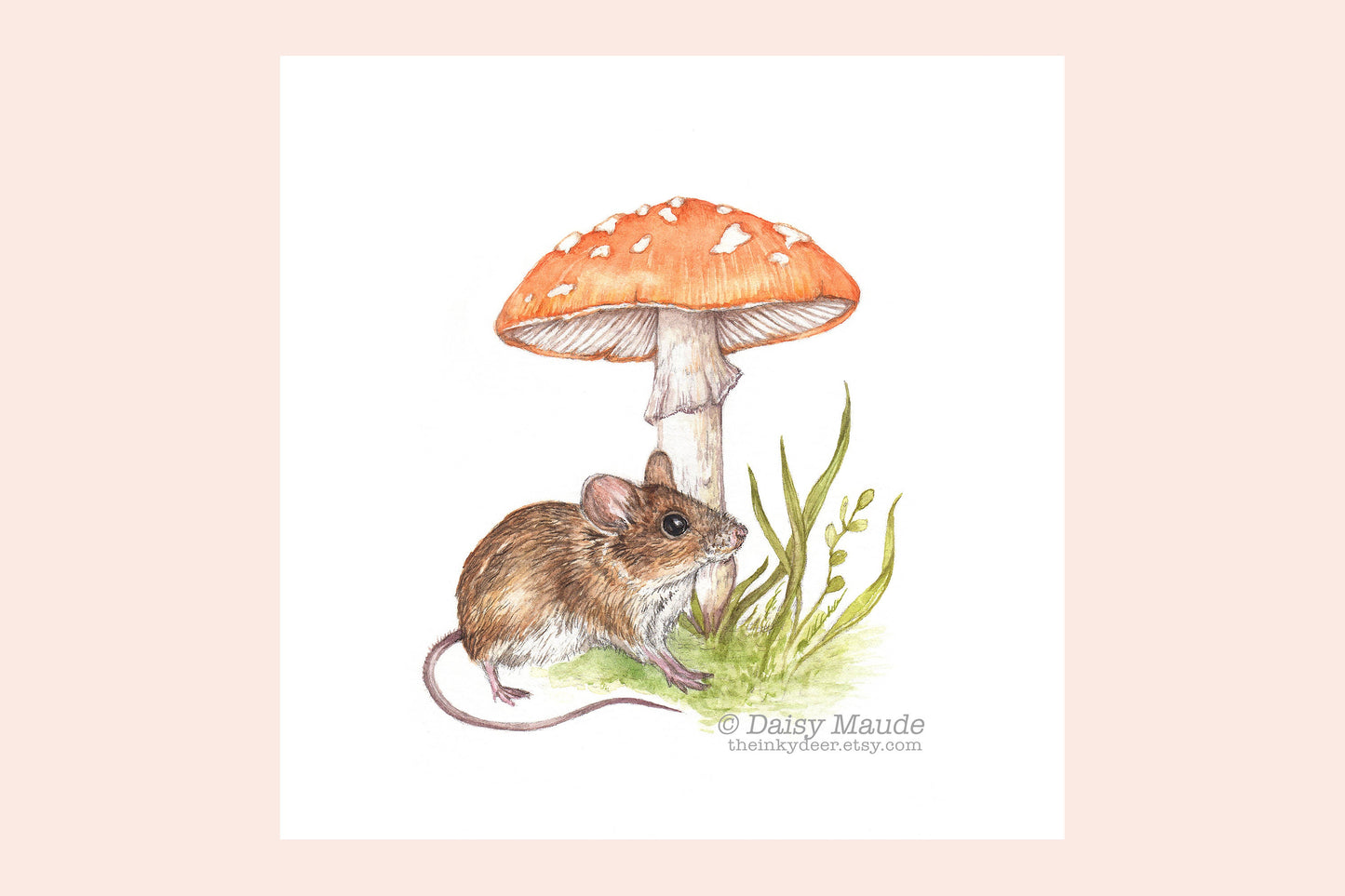 Peach Mushroom and Mouse Print, Watercolour Amanita Fungi Wood Mouse, Nursery Art, Cottagecore Nature Fine Art Square Mini Print 6x6", 5x7"