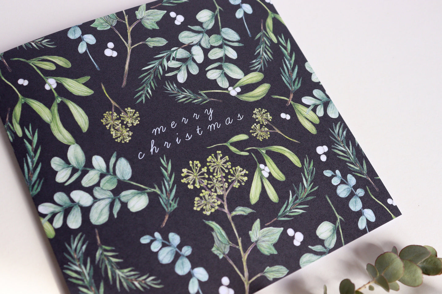 Dark Winter Foliage Christmas Card, Eucalyptus Botanical Floral Watercolour Illustrated Greetings Card