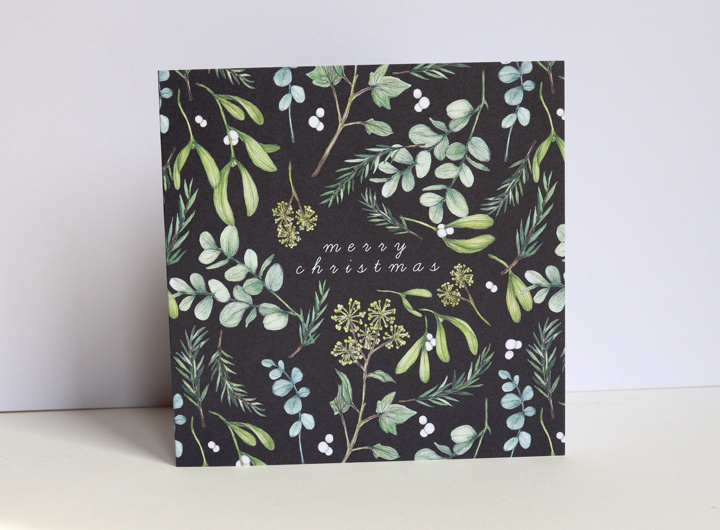 Dark Winter Foliage Christmas Card, Eucalyptus Botanical Floral Watercolour Illustrated Greetings Card