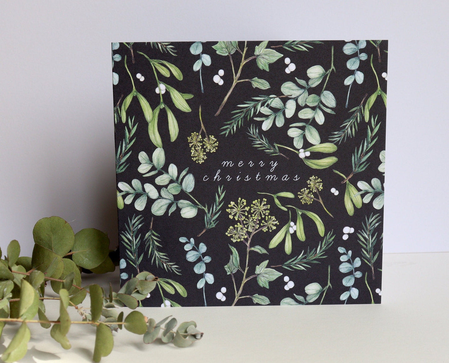 Dark Winter Foliage Christmas Card, Eucalyptus Botanical Floral Watercolour Illustrated Greetings Card