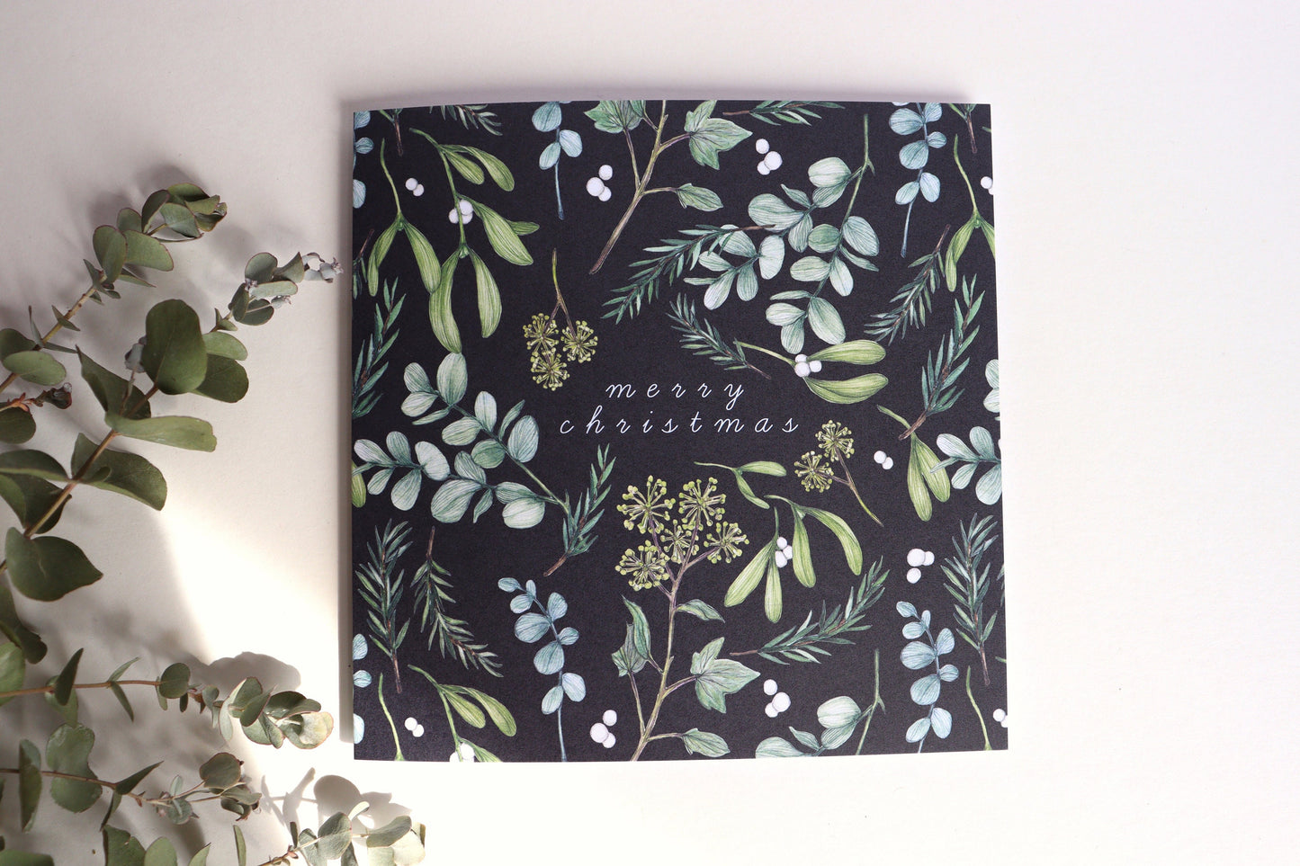 Dark Winter Foliage Christmas Card, Eucalyptus Botanical Floral Watercolour Illustrated Greetings Card