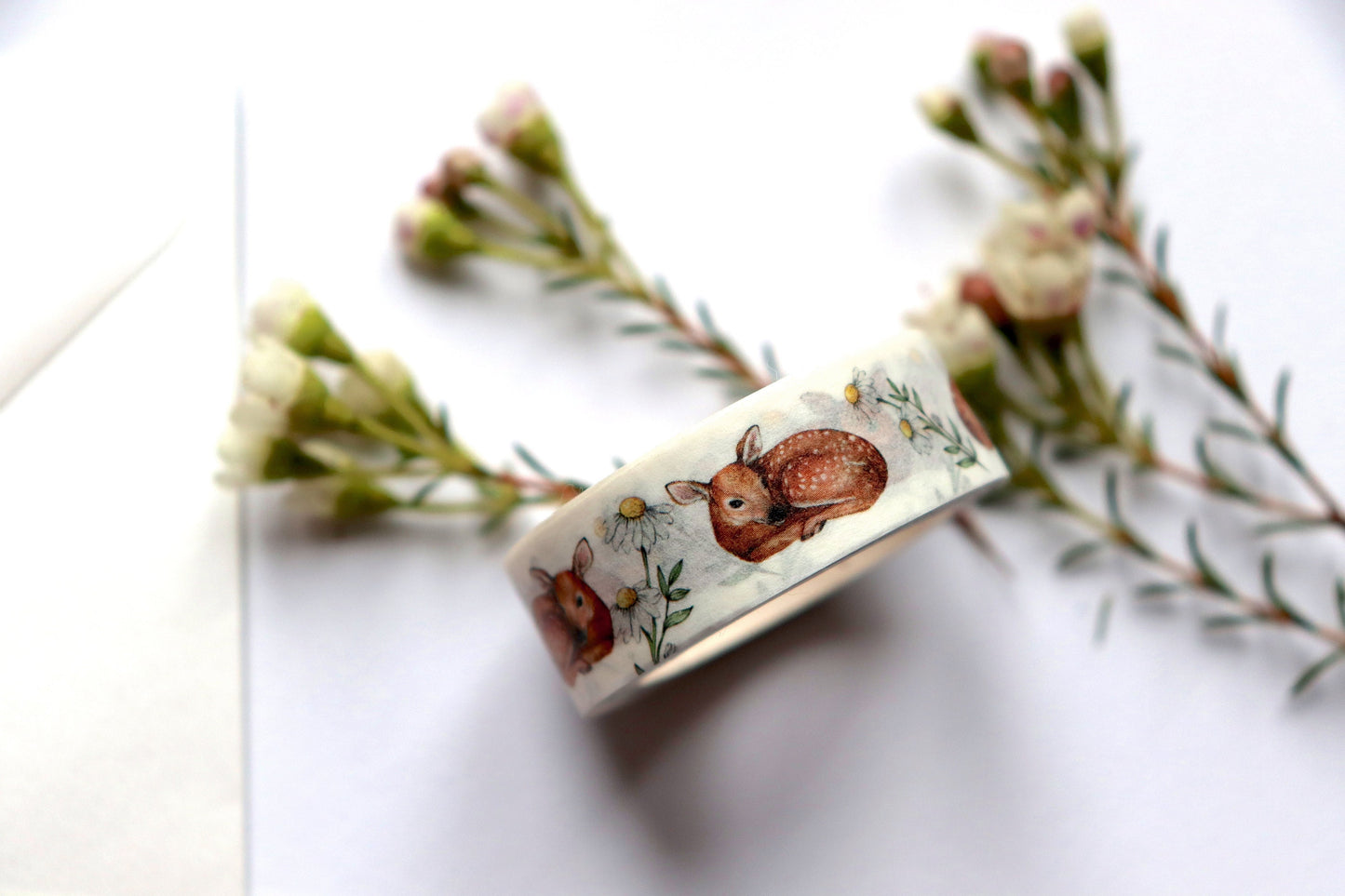 Floral Deer Washi Tape, Watercolour Woodland Animal Tape, Illustrated Fawn Stationery Gift