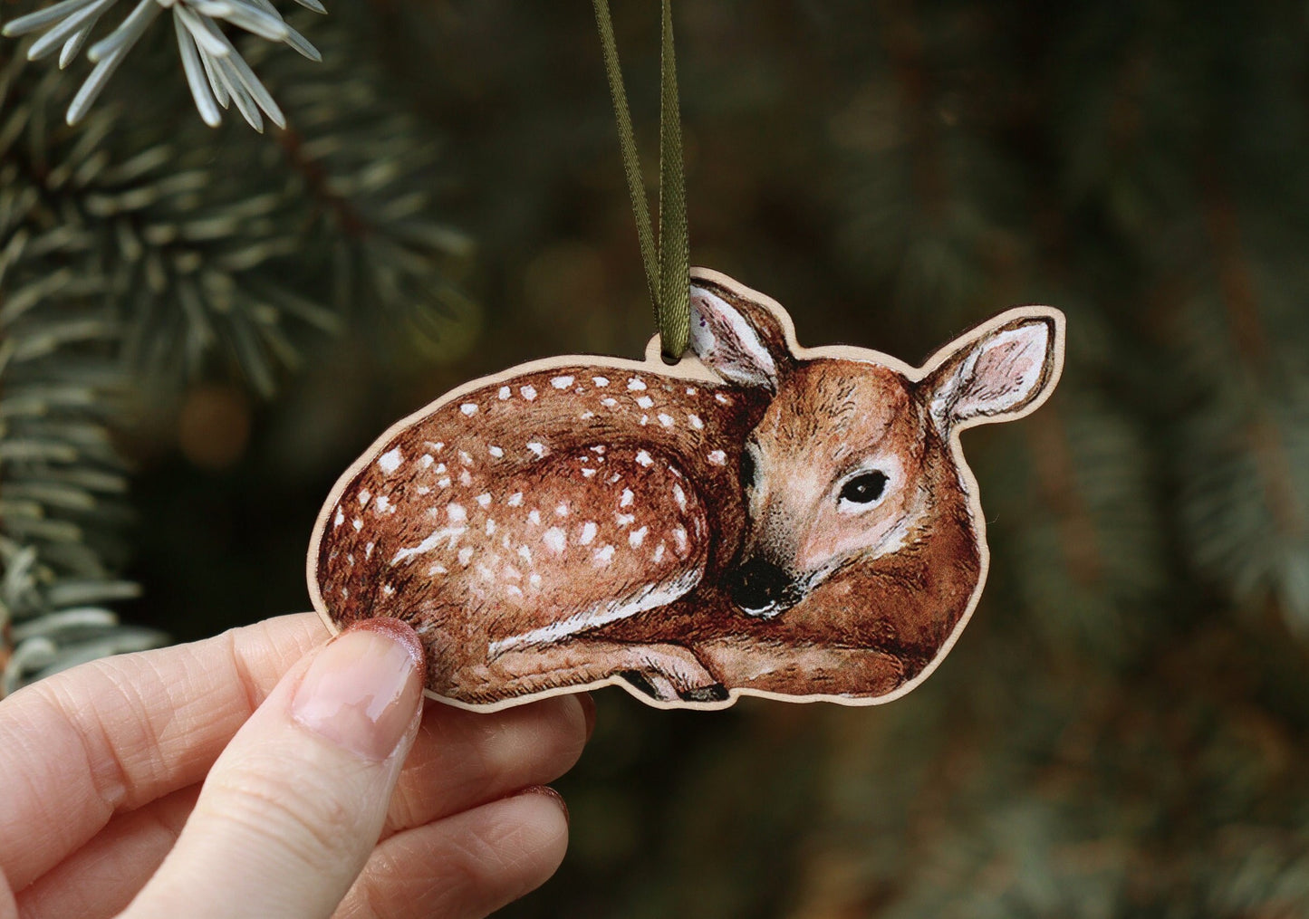 Little Wooden Deer Christmas Tree Decoration, Illustrated Woodland Fawn Ornament Keepsake