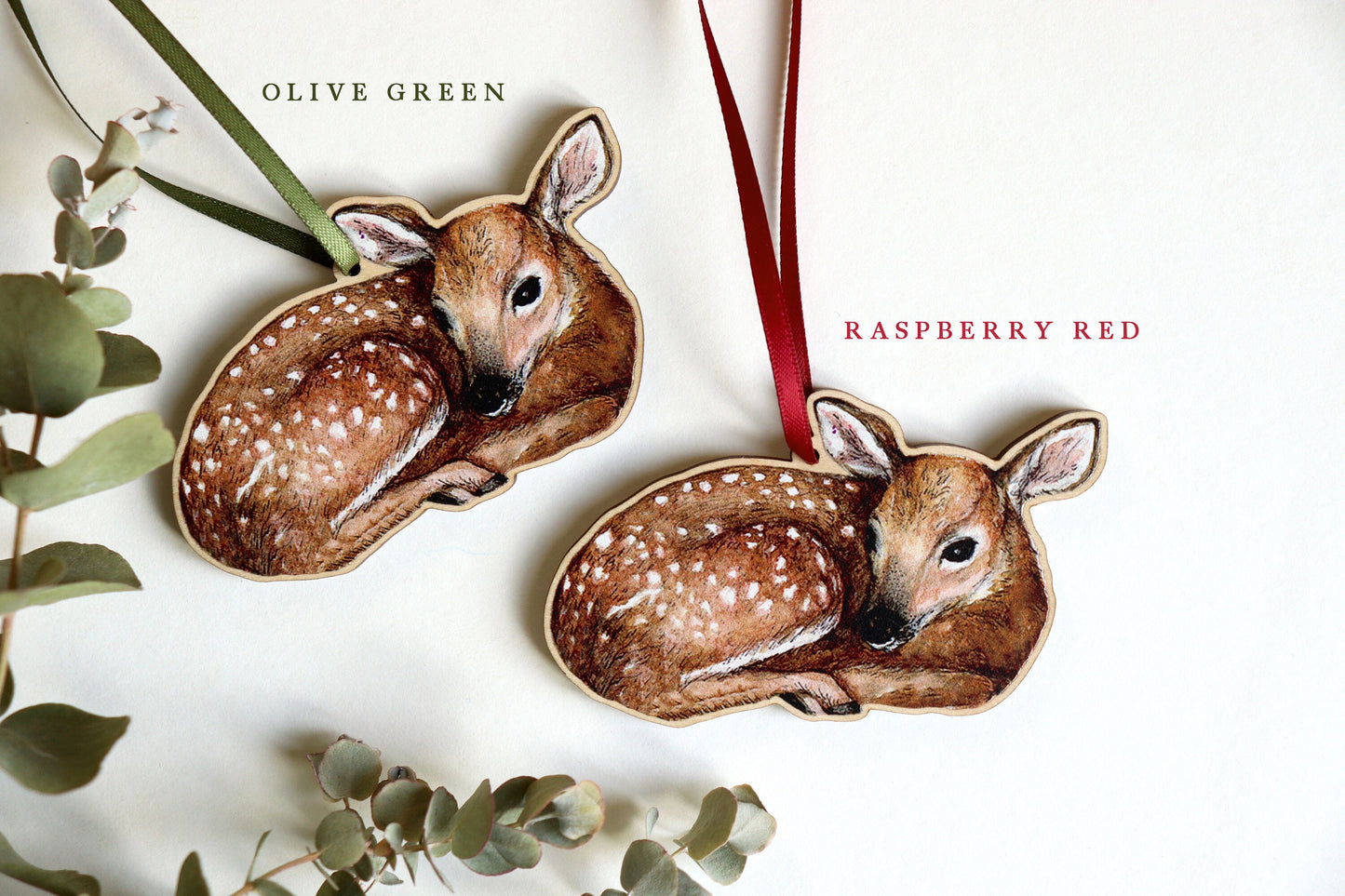 Little Wooden Deer Christmas Tree Decoration, Illustrated Woodland Fawn Ornament Keepsake