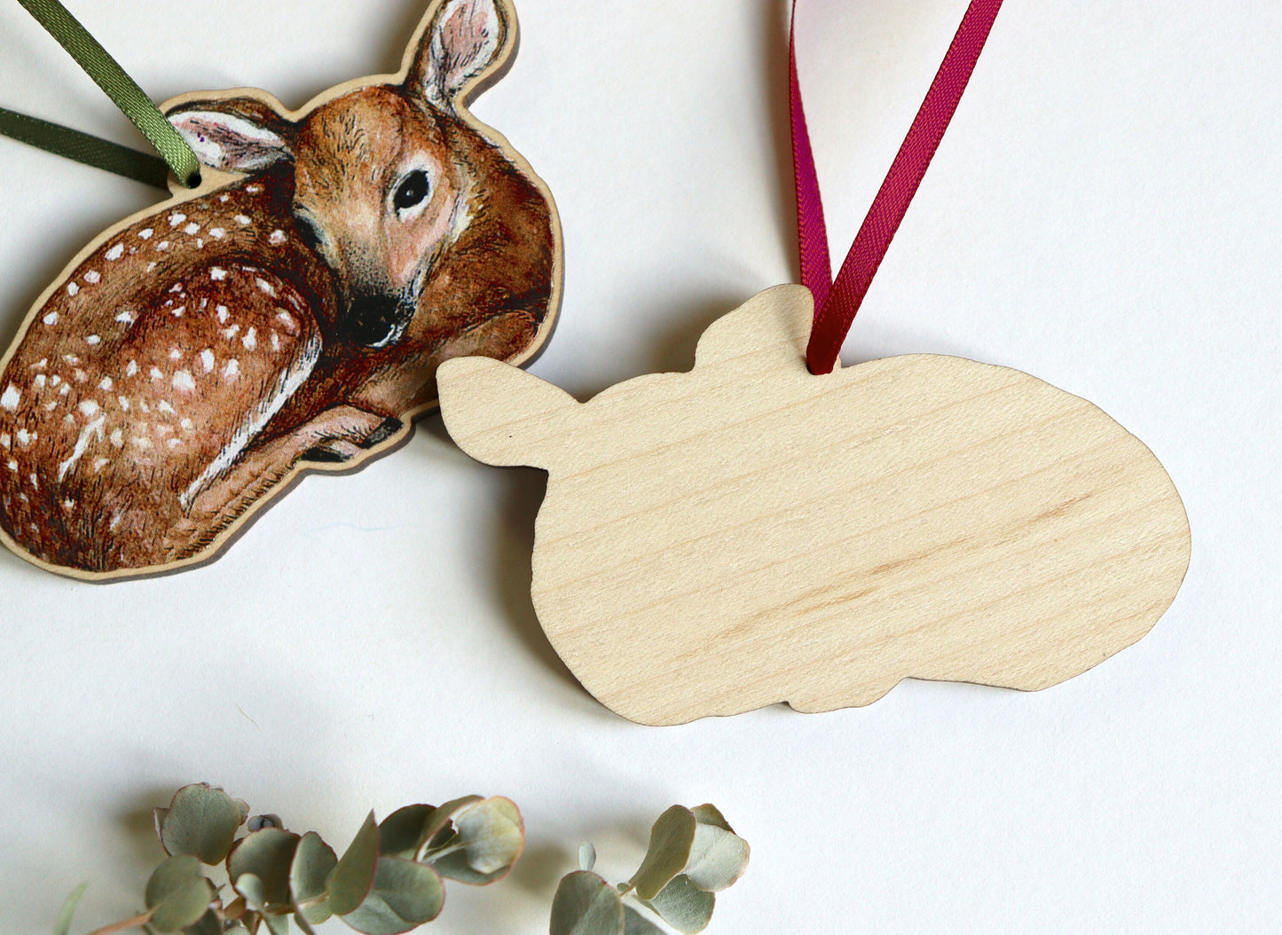 Little Wooden Deer Christmas Tree Decoration, Illustrated Woodland Fawn Ornament Keepsake