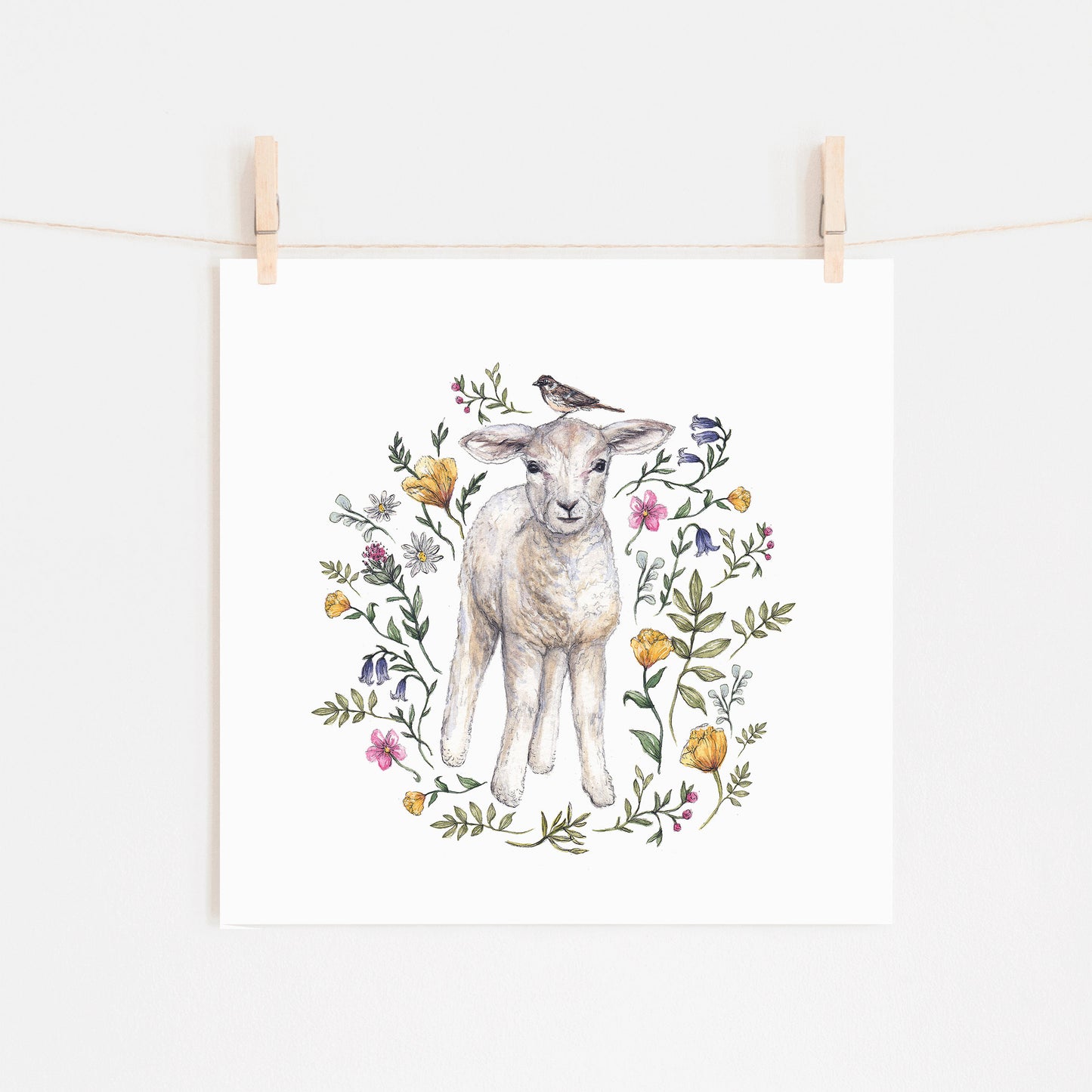 Watercolour Lamb Print, Wildflowers Botanical Spring Animal Floral Sheep Artwork, Nursery Art Print 8x8"