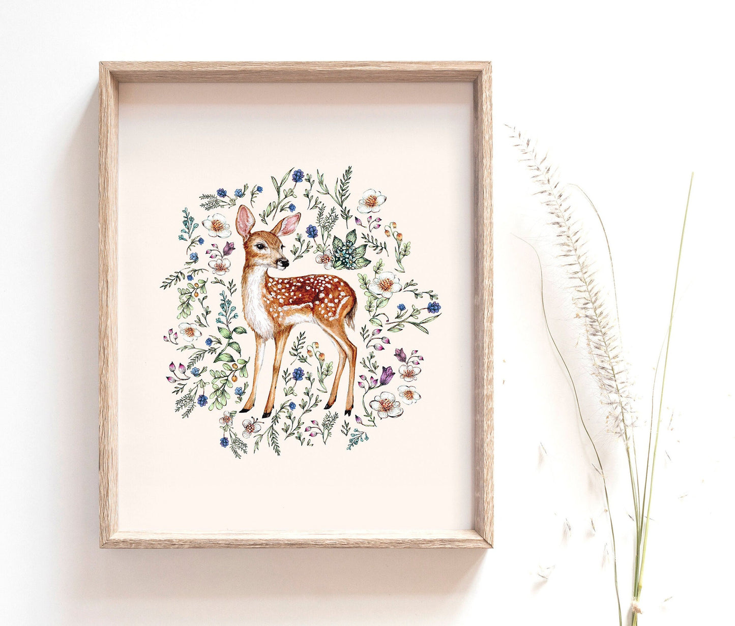 Watercolour Fawn Print, Wildflowers Botanical Deer, Floral Deer Nursery Artwork, Giclee Fine Art Print 8x10" 8x10" A4 10x10"