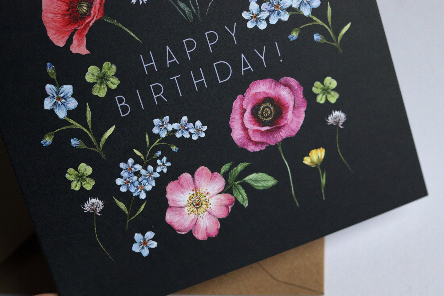 Dark Botanical Happy Birthday Card for Mum Grandma Friend Sister, Floral Watercolour Illustrated Wildflowers Greetings Card