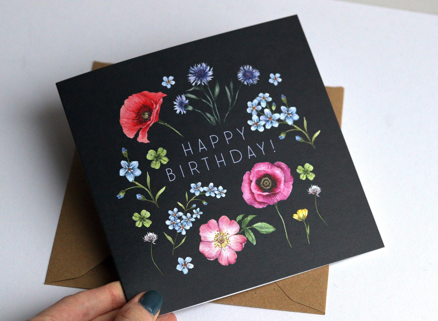 Dark Botanical Happy Birthday Card for Mum Grandma Friend Sister, Floral Watercolour Illustrated Wildflowers Greetings Card