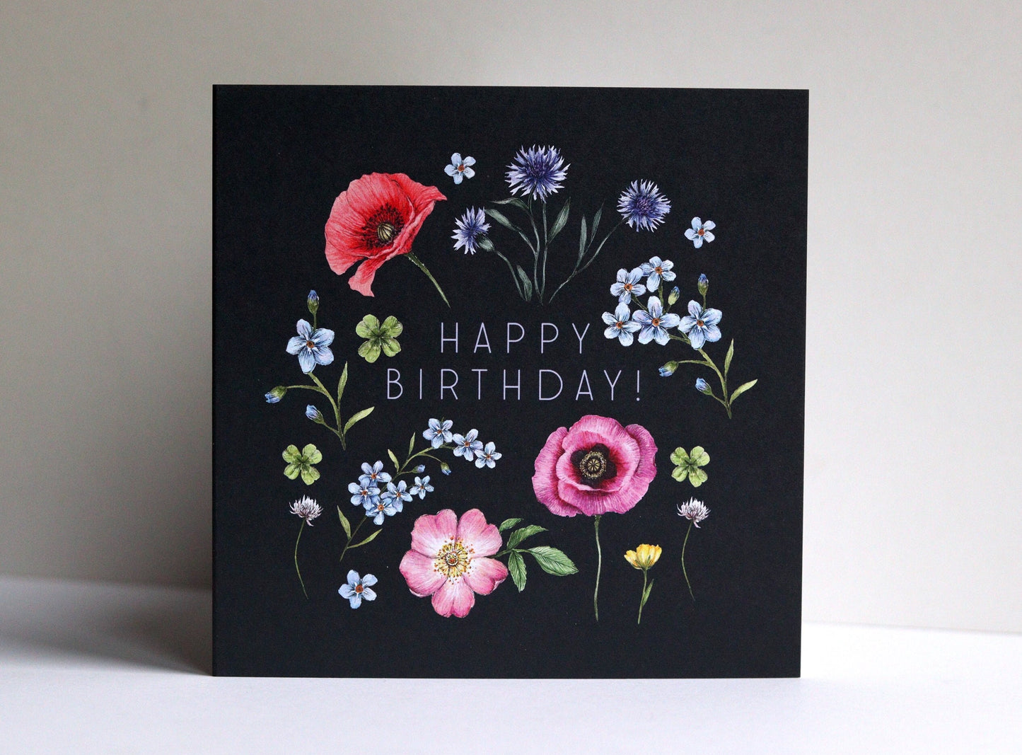 Dark Botanical Happy Birthday Card for Mum Grandma Friend Sister, Floral Watercolour Illustrated Wildflowers Greetings Card