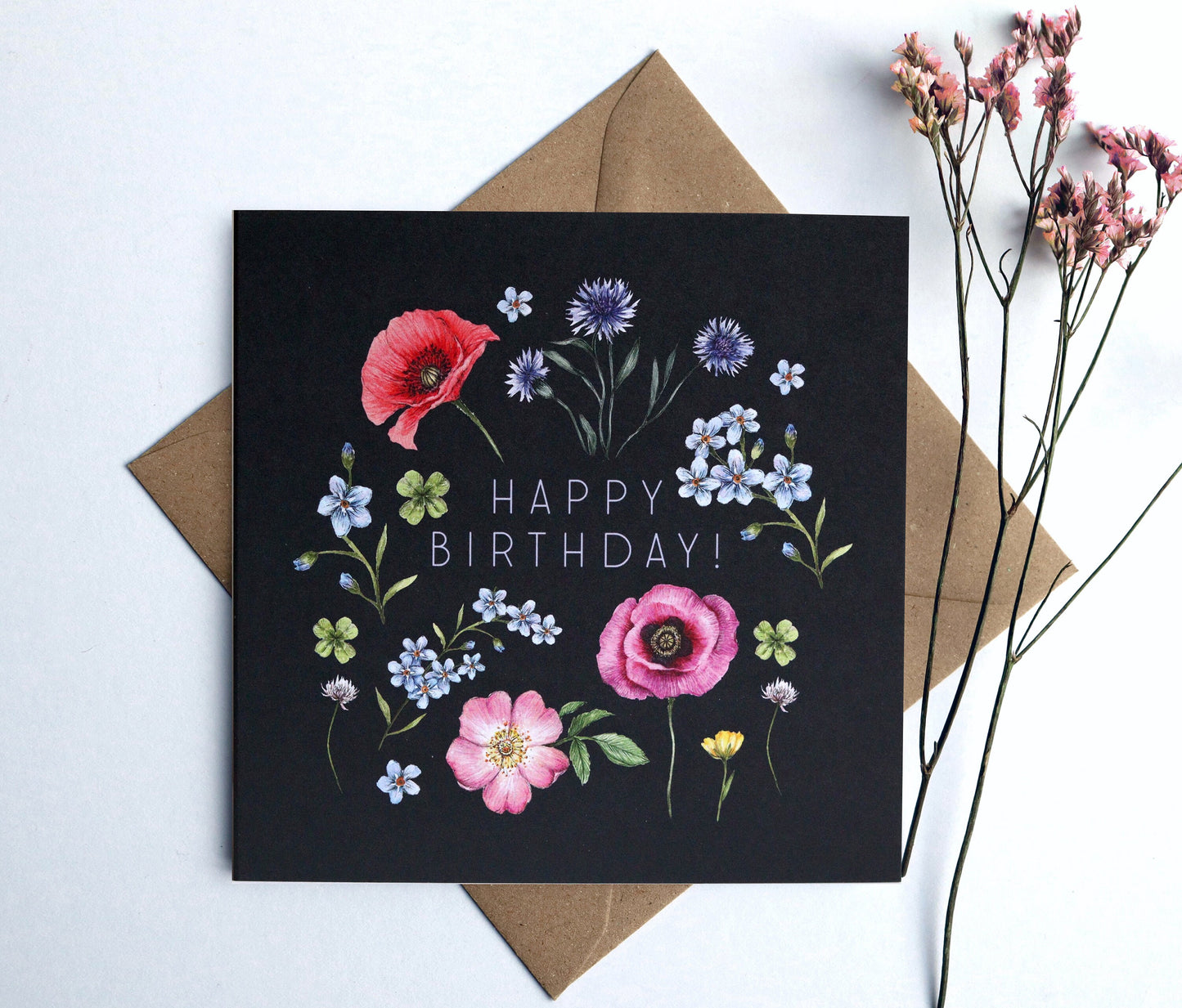 Dark Botanical Happy Birthday Card for Mum Grandma Friend Sister, Floral Watercolour Illustrated Wildflowers Greetings Card