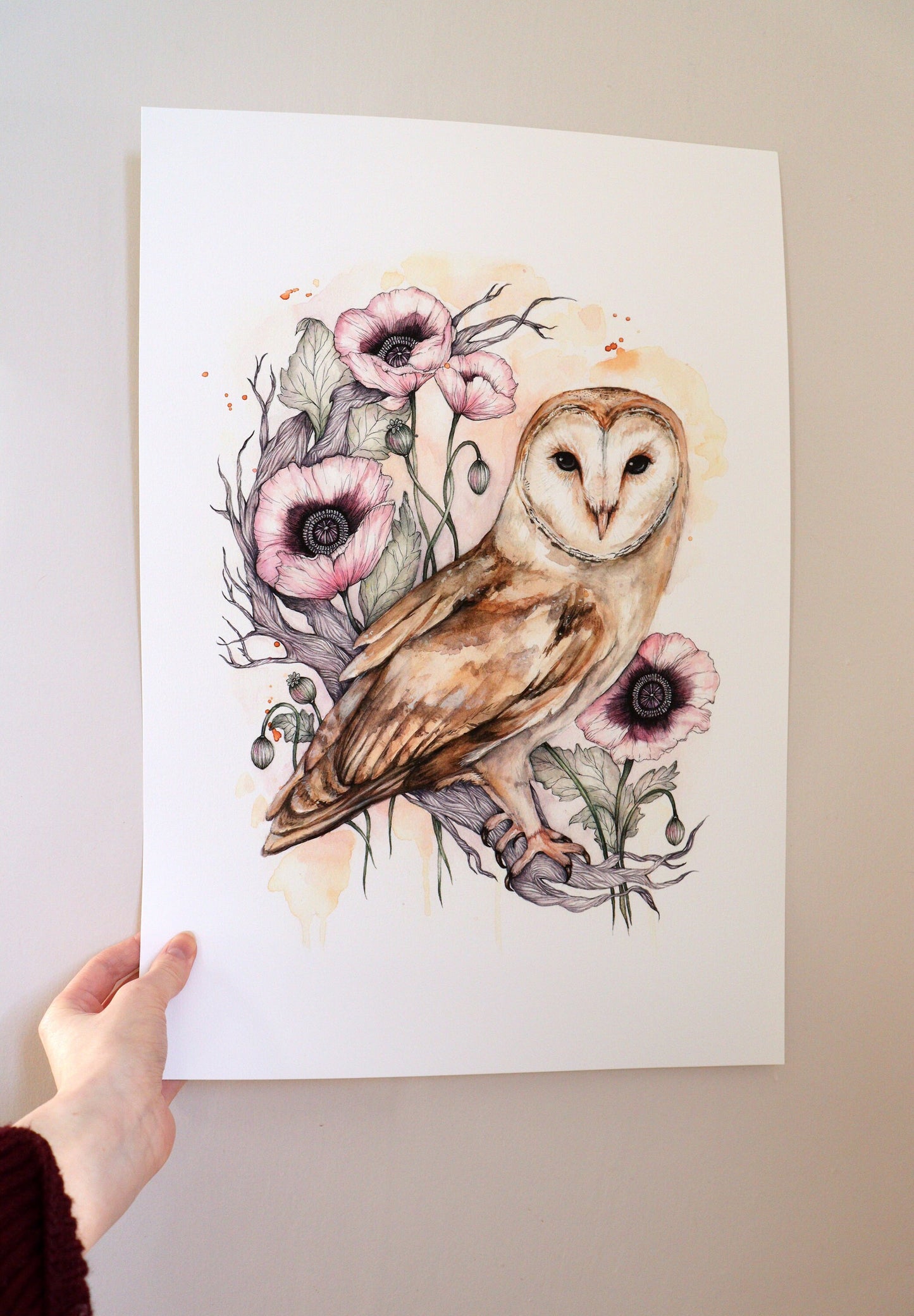 Barn Owl Print Watercolour Poppies Painting Giclée Print A4, A3
