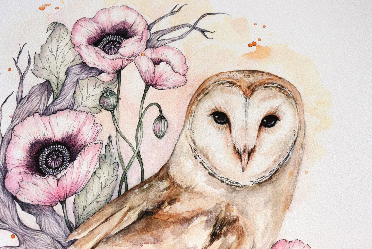 Barn Owl Print Watercolour Poppies Painting Giclée Print A4, A3