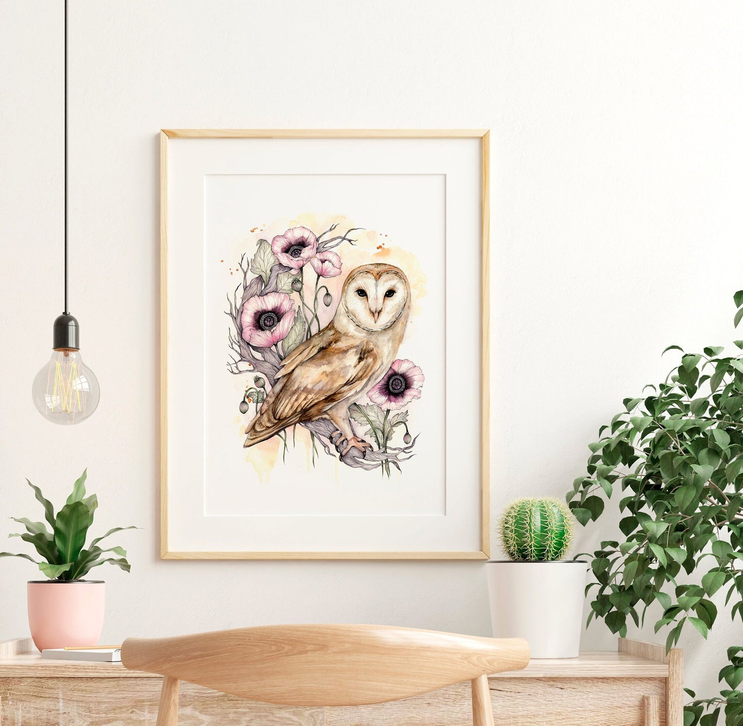 Barn Owl Print Watercolour Poppies Painting Giclée Print A4, A3