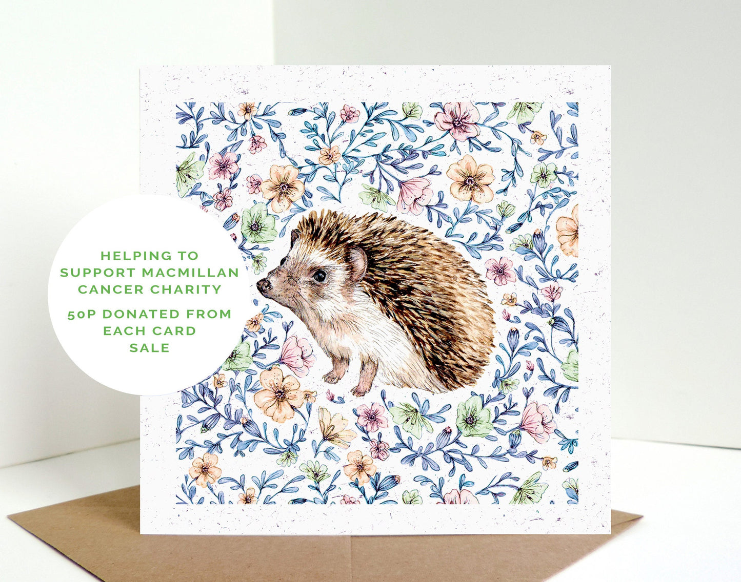 Hedgehog Greetings Card Cancer Charity, Floral Animal Birthday Card, Mother's Day Card, Illustrated Recycled Card
