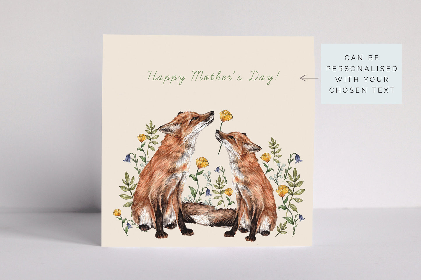 Floral Foxes Greetings Card, Yellow Roses Anniversary Personalised Birthday Card, Mother's Day Illustrated Card