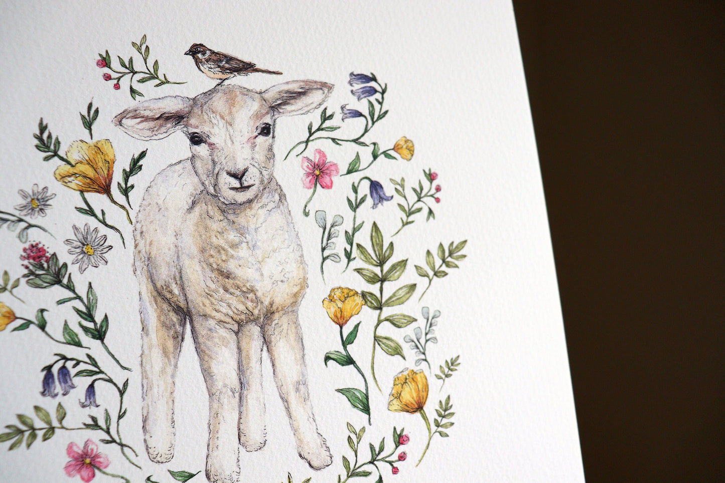 Watercolour Lamb Print, Wildflowers Botanical Spring Animal Floral Sheep Artwork, Nursery Art Print 8x8"