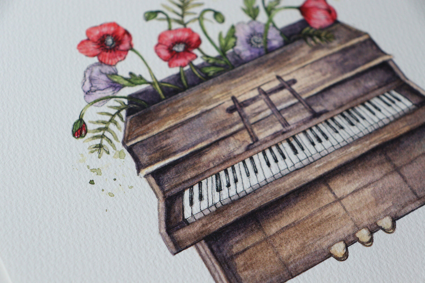 Watercolour Piano Print, Floral Notes, Wild Poppies Flowers Illustration Giclee Fine Art Print 8x10"