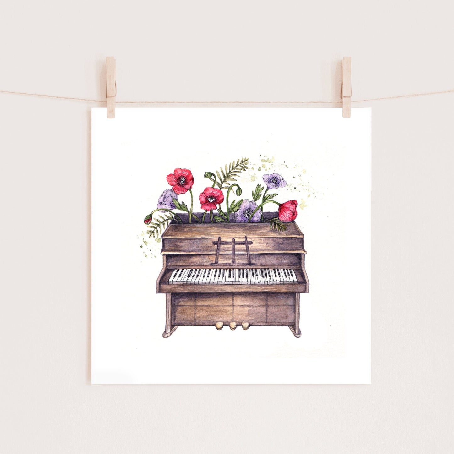 Watercolour Piano Print, Floral Notes, Wild Poppies Flowers Illustration Giclee Fine Art Print 8x10"