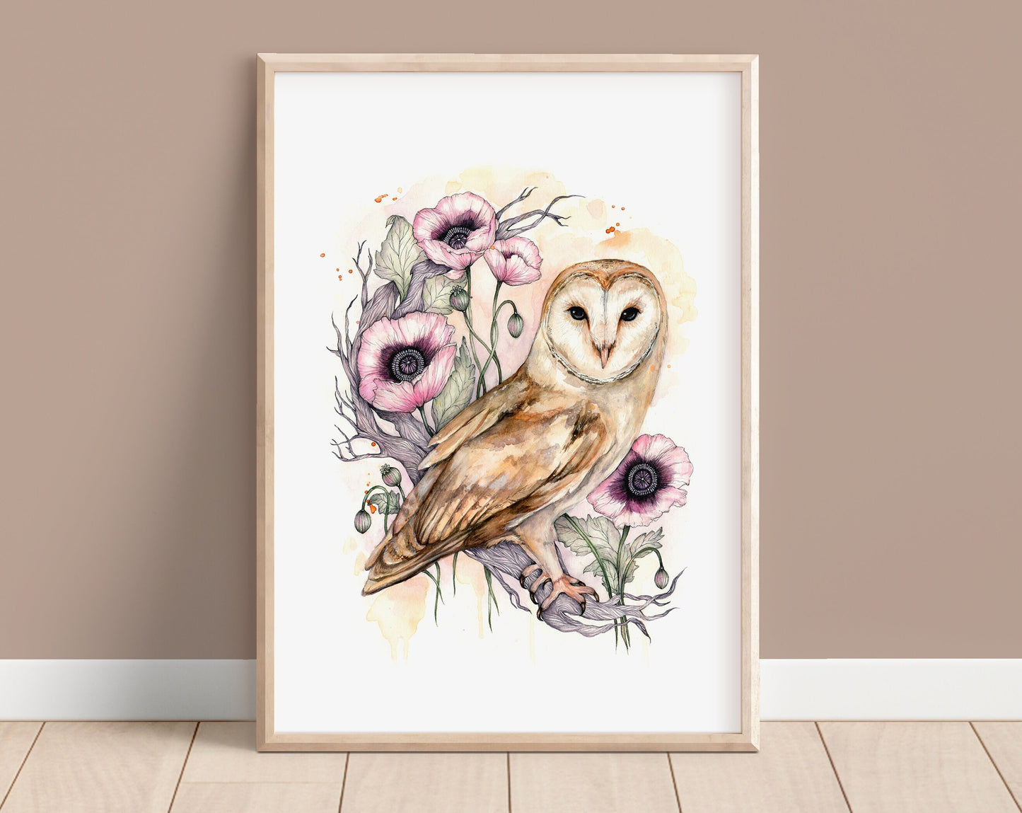 Barn Owl Print Watercolour Poppies Painting Giclée Print A4, A3