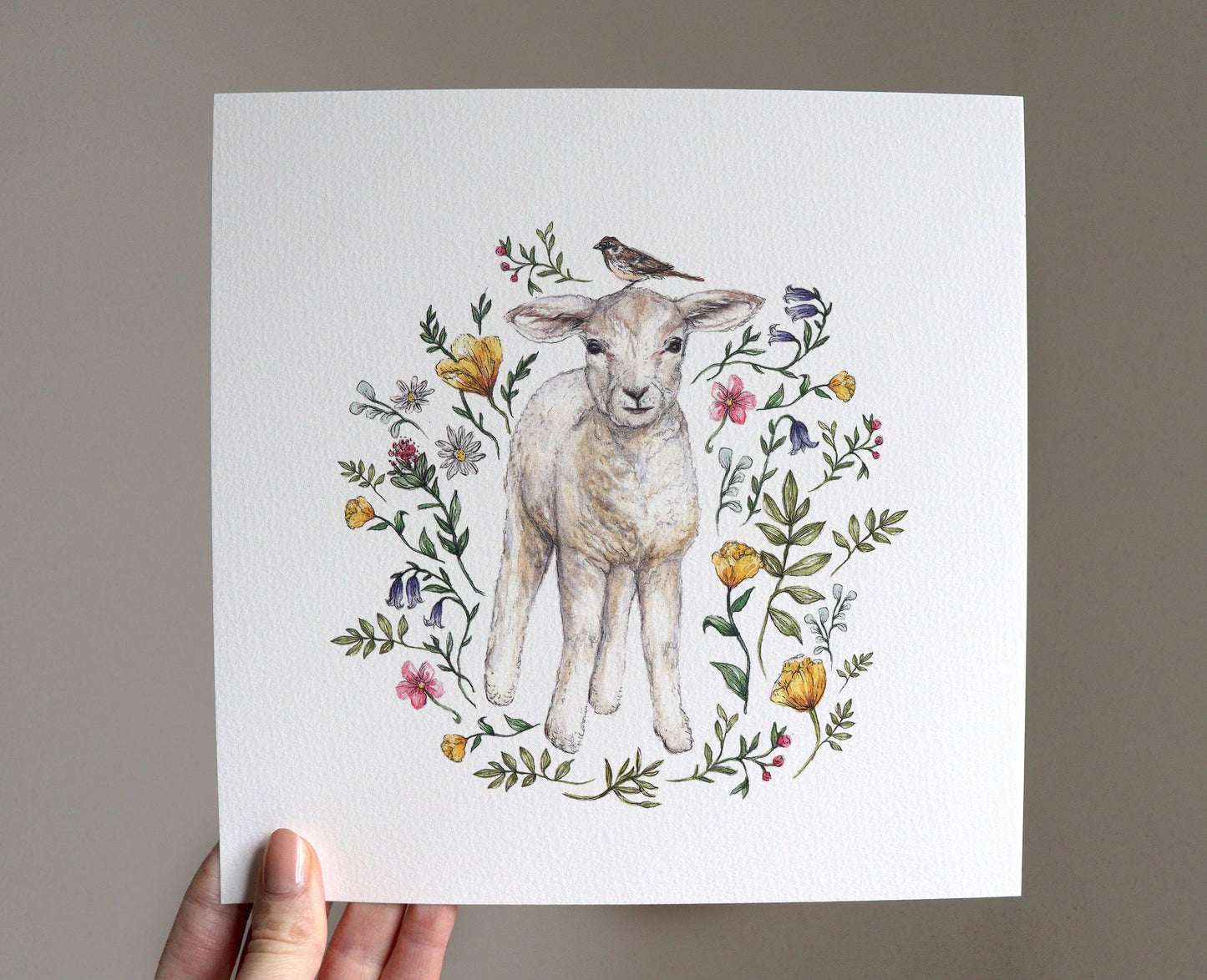 Watercolour Lamb Print, Wildflowers Botanical Spring Animal Floral Sheep Artwork, Nursery Art Print 8x8"