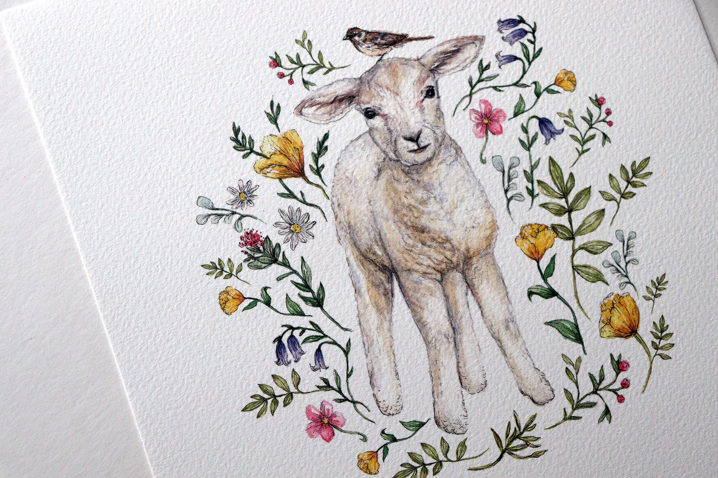 Watercolour Lamb Print, Wildflowers Botanical Spring Animal Floral Sheep Artwork, Nursery Art Print 8x8"
